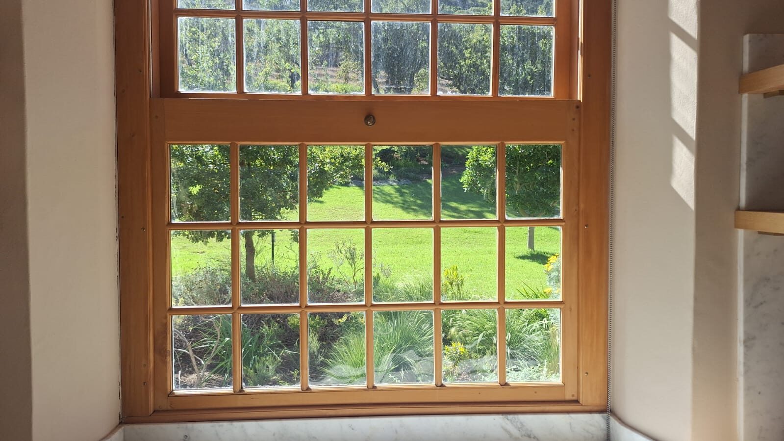 Timber window looking onto a vineyard